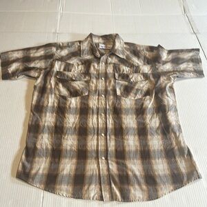 Real Work Wear Plaid Brown light brown blue Men's Shirt pearl snap buttons sz L